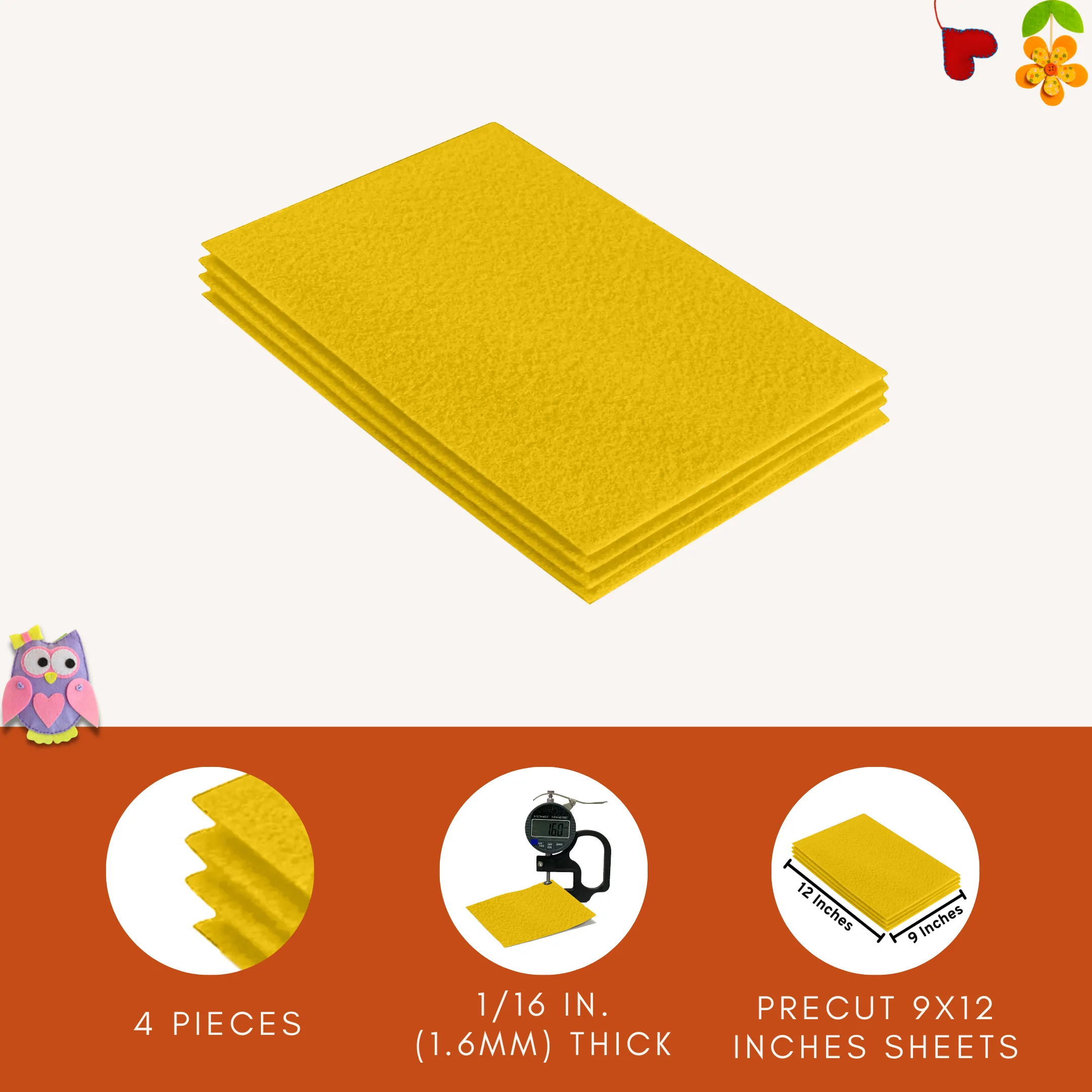 Acrylic Felt 9"X12" Sheet Packs | Yellow