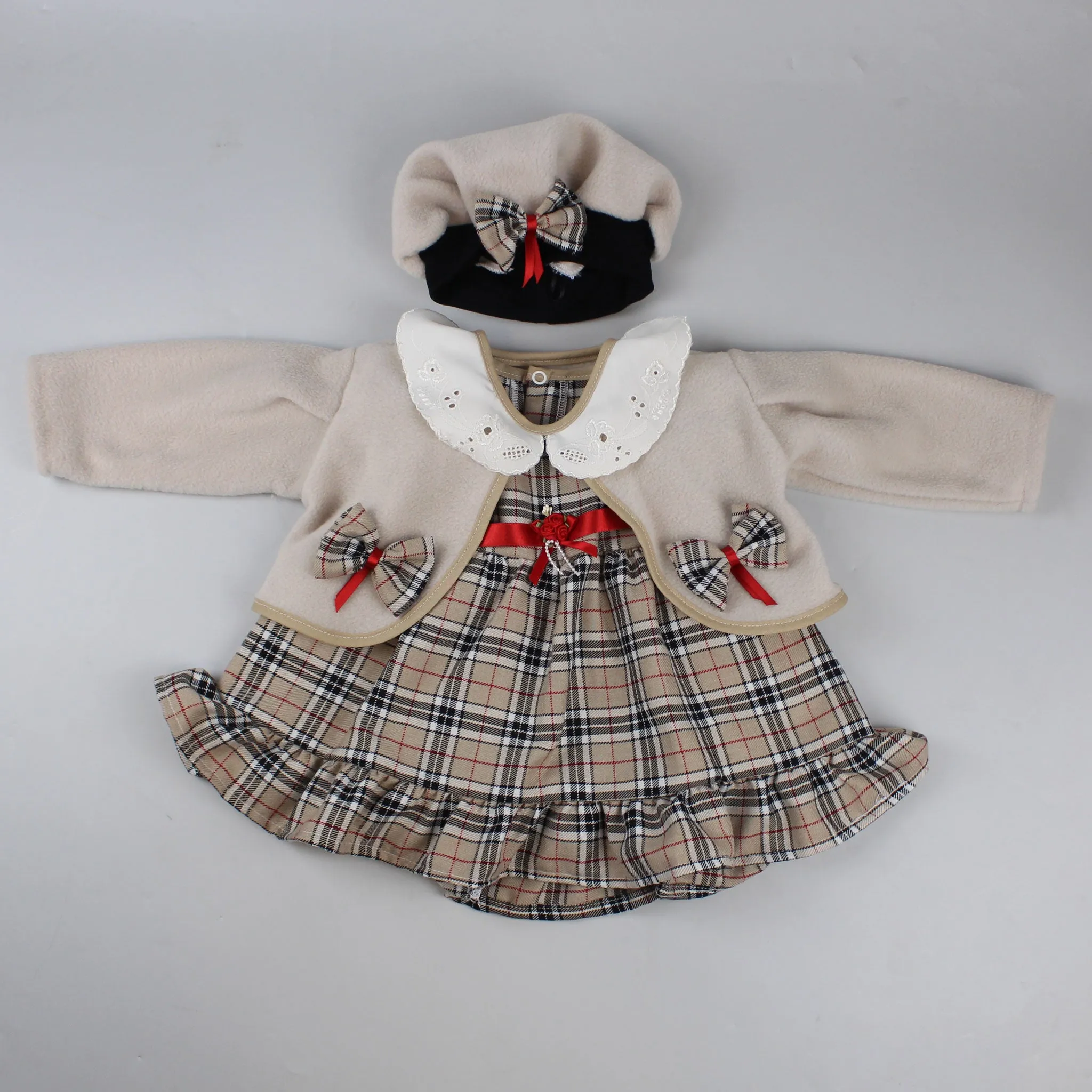 Baby Girls Beige Tartan Dress, Jacket and Hat Outfit