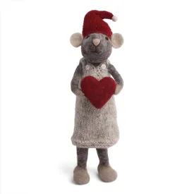 Christmas Figurine - Winter Mouse Girl (Large) with Heart (Grey)