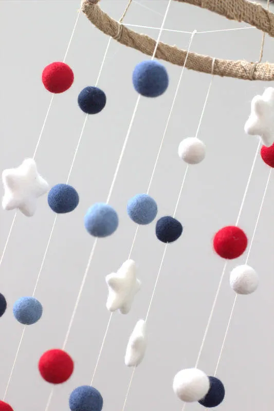 Felt Ball & Star Nursery Mobile- Red, White, Blue- SMALL