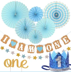 FIRST BIRTHDAY DECORATION SET FOR BOY- 1st Baby Boy Birthday Party, Blue Hat Crown, Circle