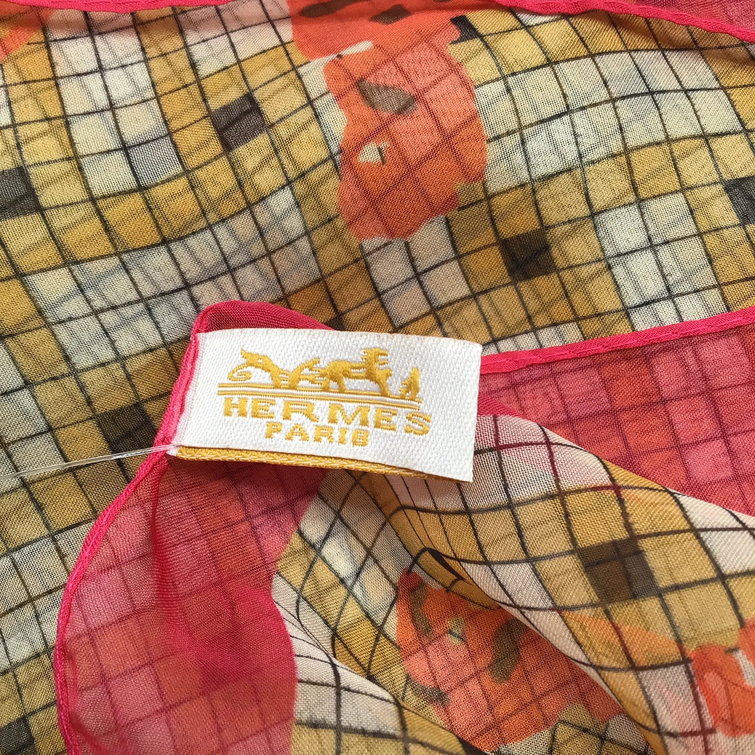 Hermes Multicolored Pink / Red / Yellow Multi Grid H Print Sheer Silk Scarf