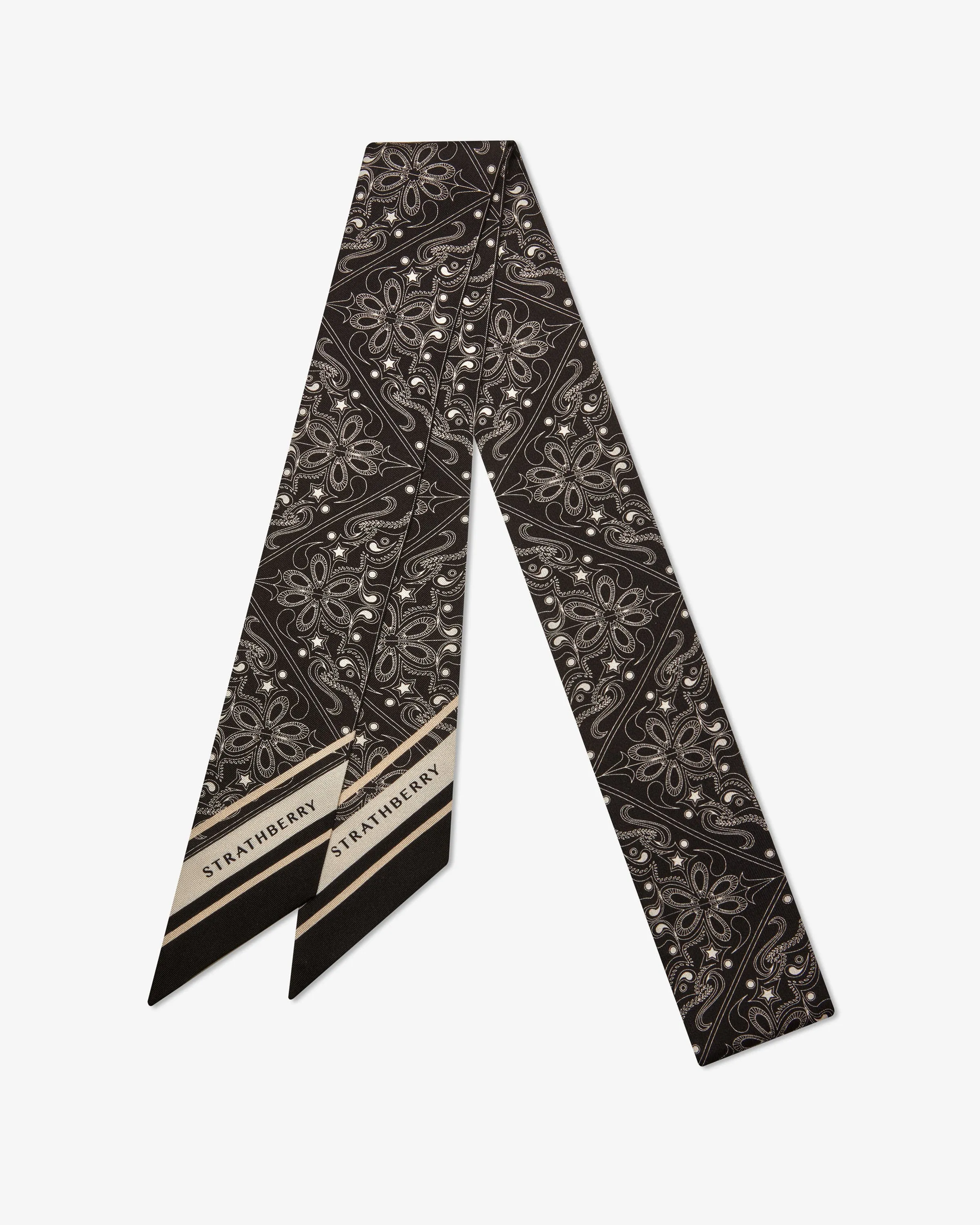 Long Silk Skinny Scarf - Black Geometric Floral Print