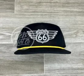 Route 66 Wings Patch on Black Retro Hat w/Yellow Rope