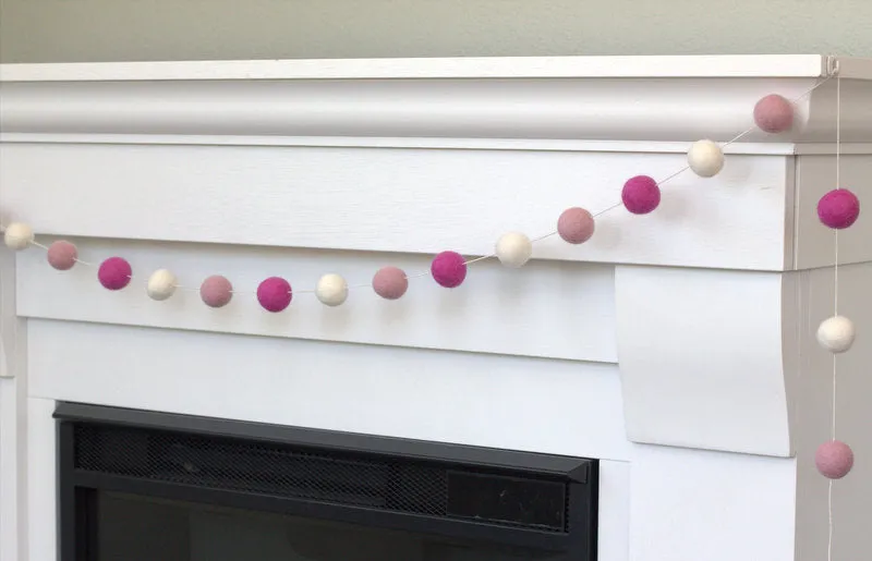 Valentine's Day Felt Ball Garland- Baby Pink, Rose, White